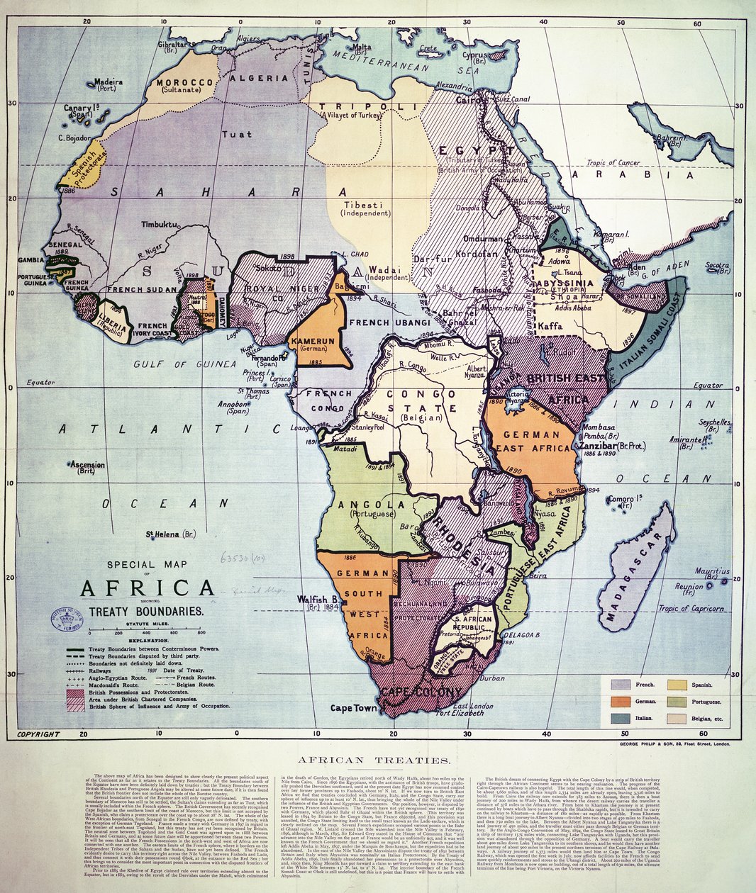 Kort over Afrika med traktatgrænser, 1891 (farvelitografi) af English School