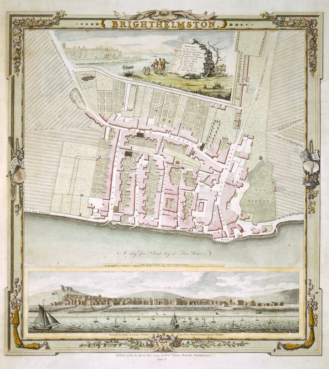 Kort over Brighton af Thomas Yeakell og William Gardner, indgraveret af Whitchurch, 1779 (farvegravering) af English School