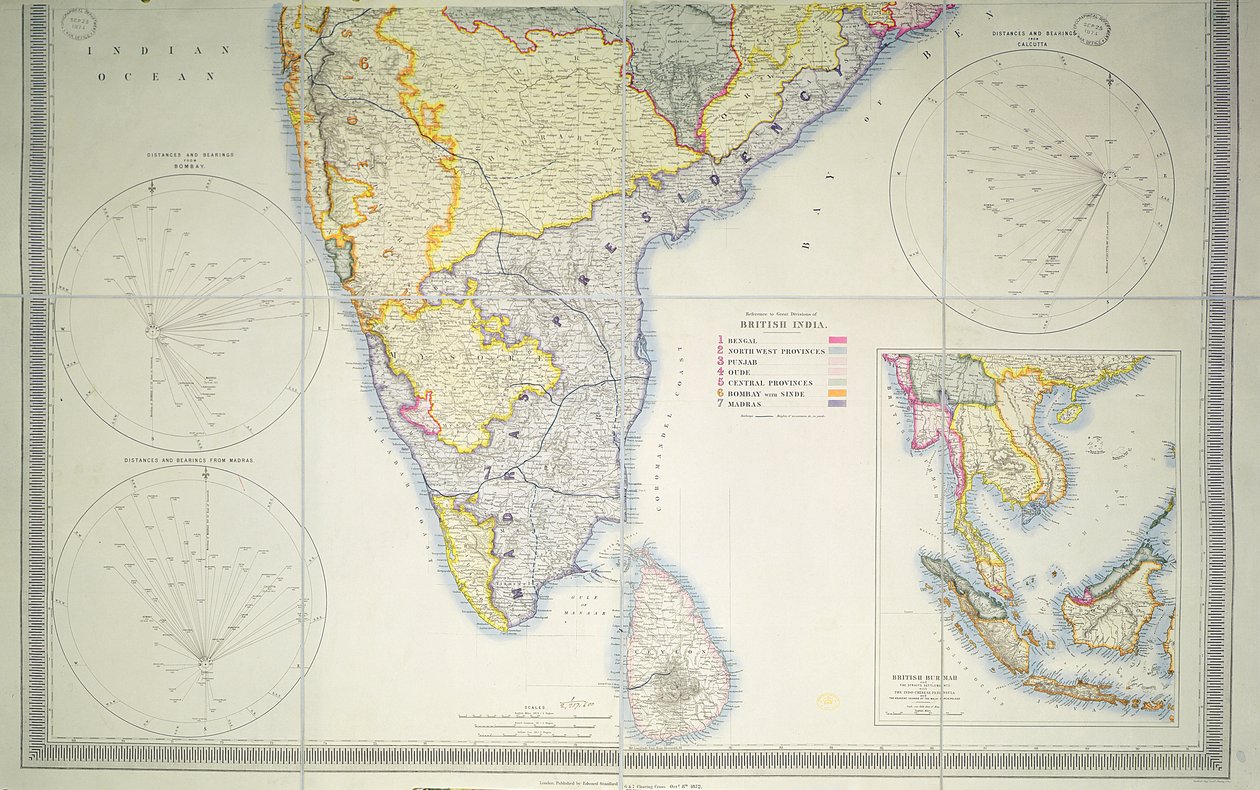 Kort over det britiske sydlige Indien, 1872 (farvelitografi) af English School