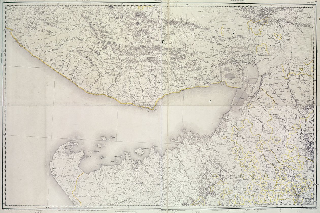 Kort over Cutch og Kathiawar, udgivet under ledelse af oberst G.C. de Pree, S.C., Indiens landinspektør, 1885 af English School