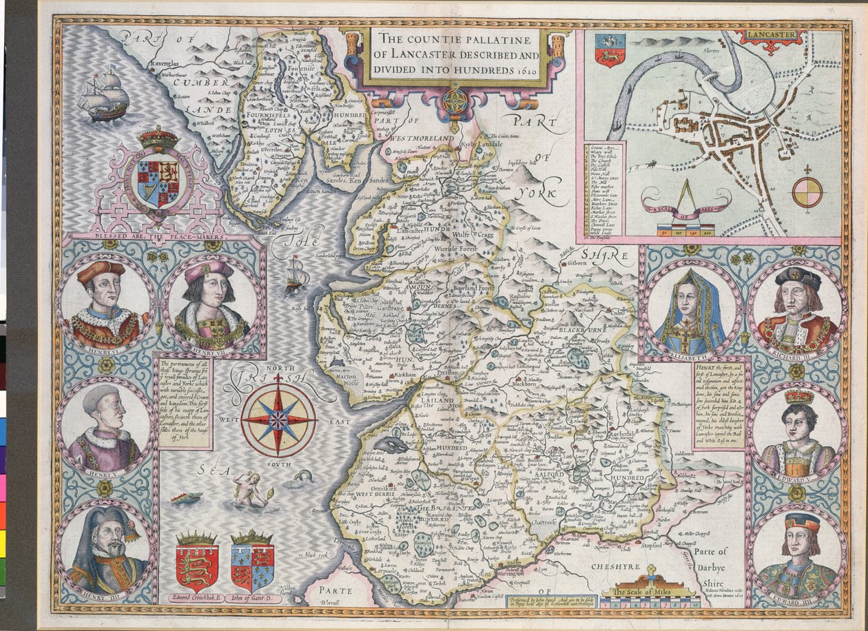 Kort over Lancaster opdelt i hundreder, 1610 (farvegravering) af English School