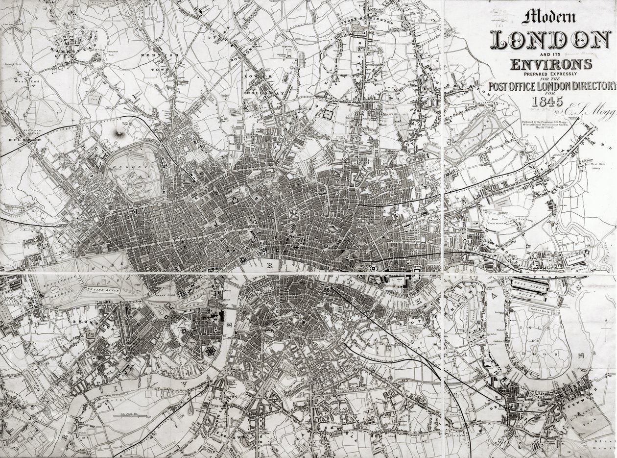 Kort over det moderne London og dets omgivelser, 1845 af English School