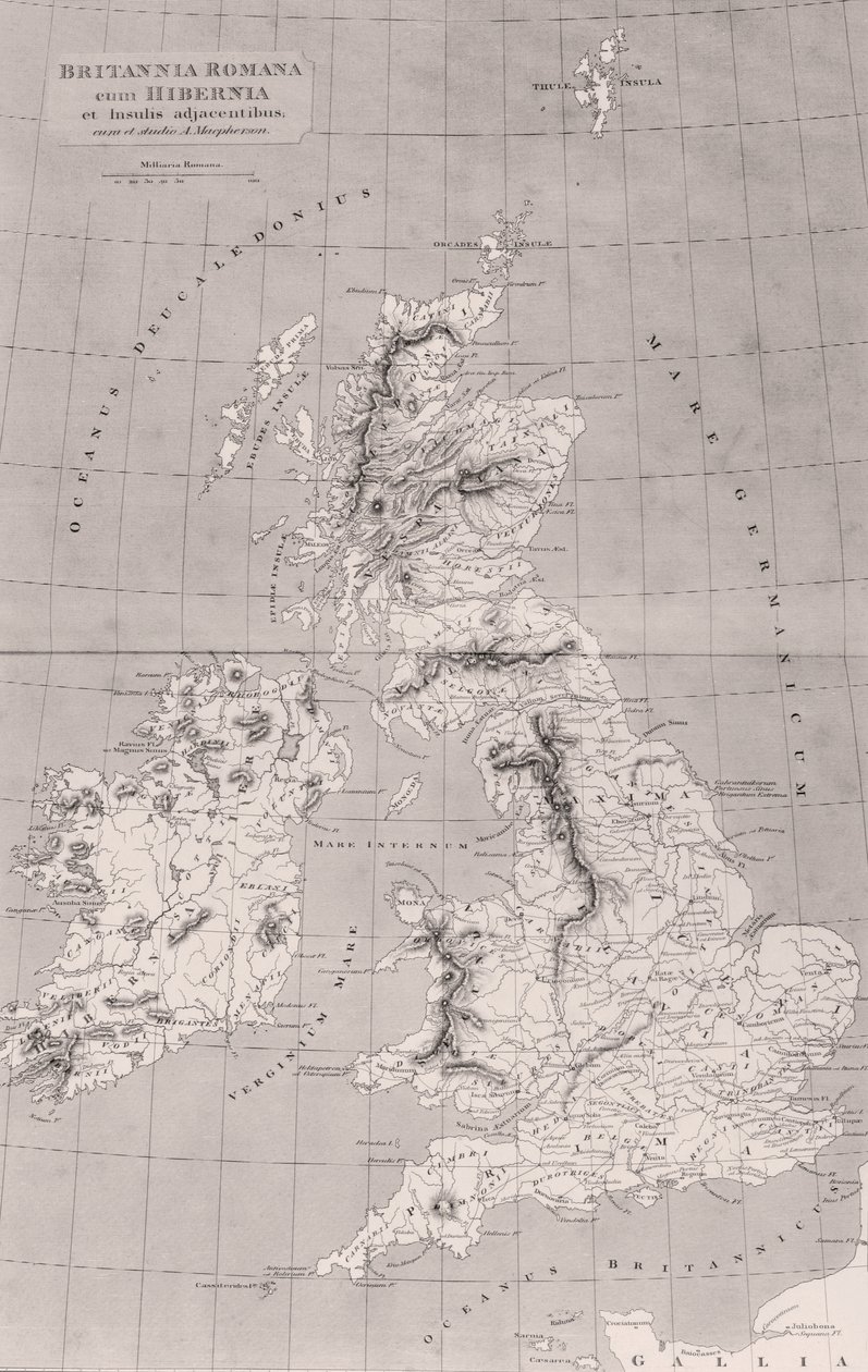 Kort over det romerske Storbritannien med Irland og tilstødende øer, kort oprindeligt offentliggjort i London, 1818 af English School