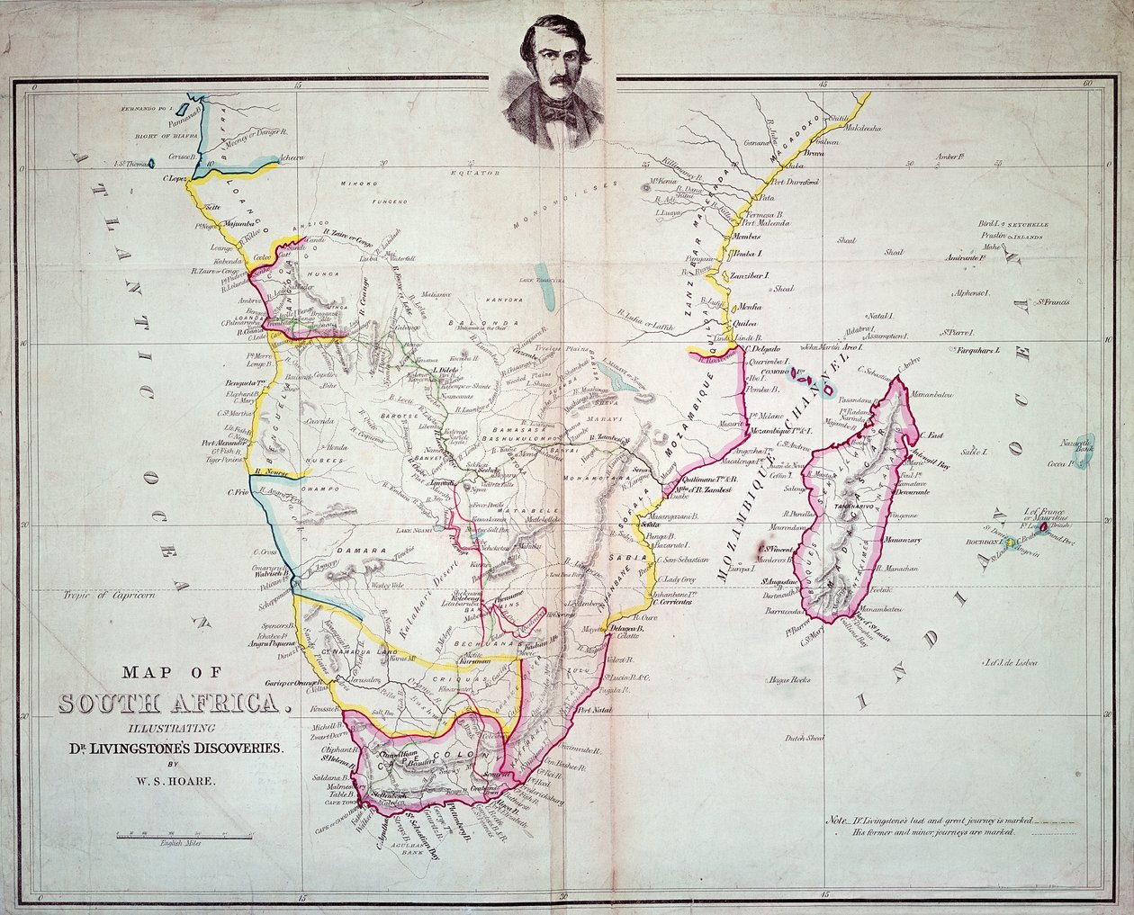 Kort over Sydafrika, der illustrerer Dr. Livingstones opdagelser af English School