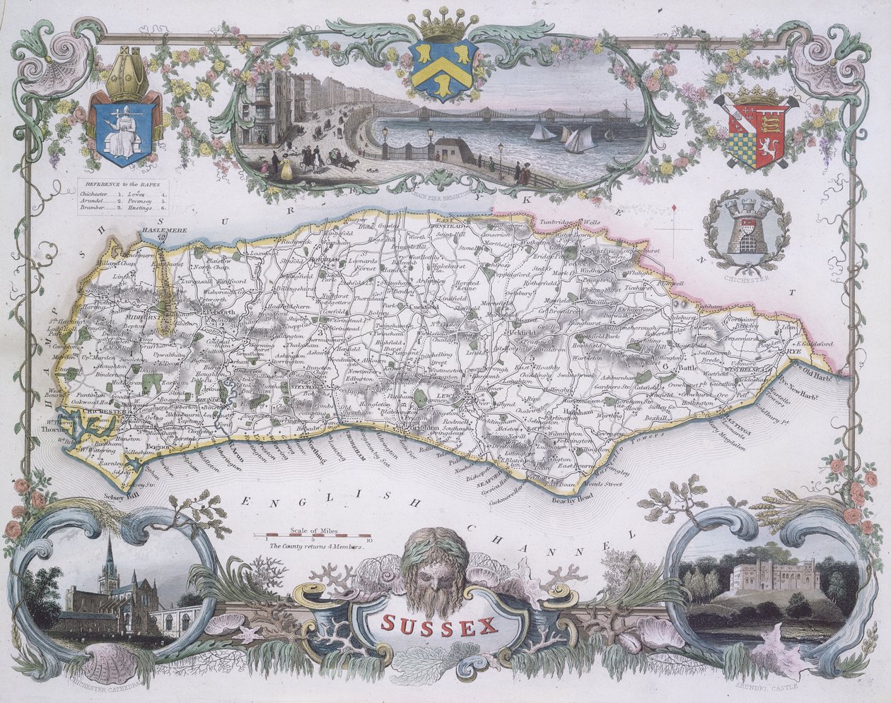 Kort over Sussex (farvegravering) af English School