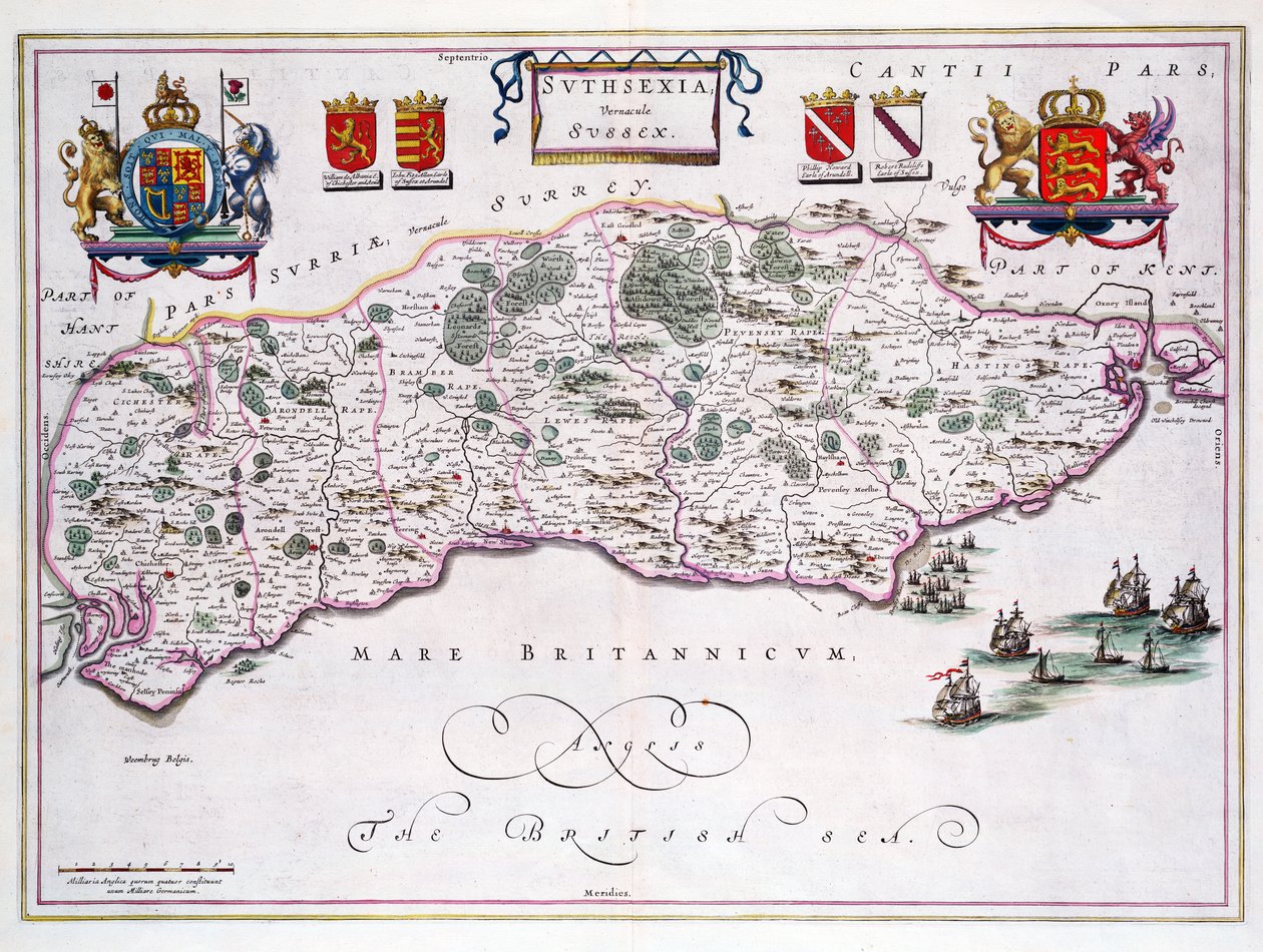 Kort over Sussex (håndfarvet gravering) af English School