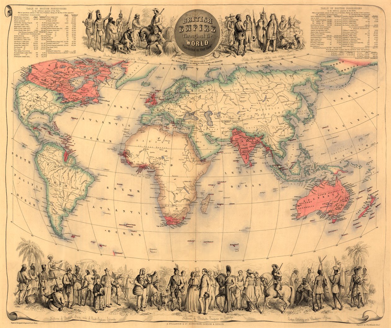 Kort over verden med besiddelser af det britiske imperium farvet rød, ca. 1870 (håndfarvet gravering) af English School