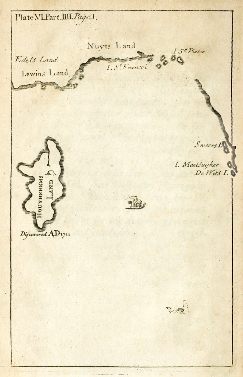 Kort, der viser placeringen af Houyhnhnms Land fra første udgave af Travels into Several Remote Nations of the World bedre kendt som Gullivers Travels af Jonathan Swift af English School