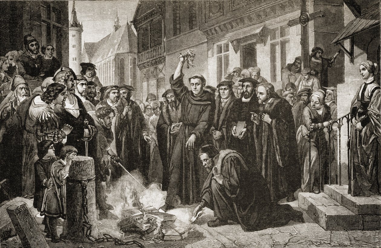 Martin Luther (1483-1556), der brændte den pavelige tyr i 1520 af English School