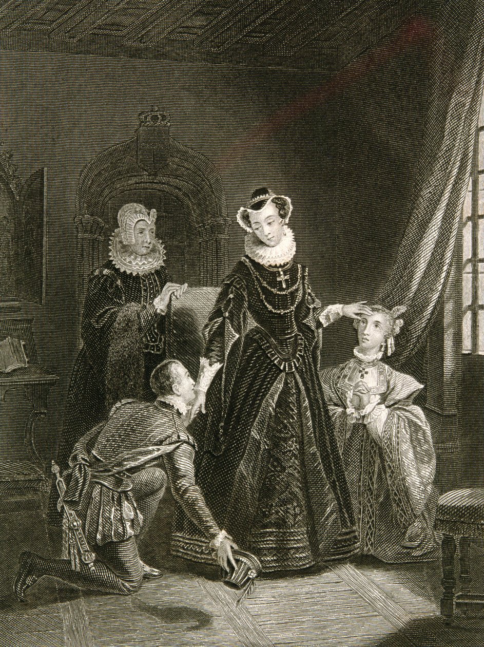 Mary, Queen of Scots (1542-87) i selskab med hoffolk af English School