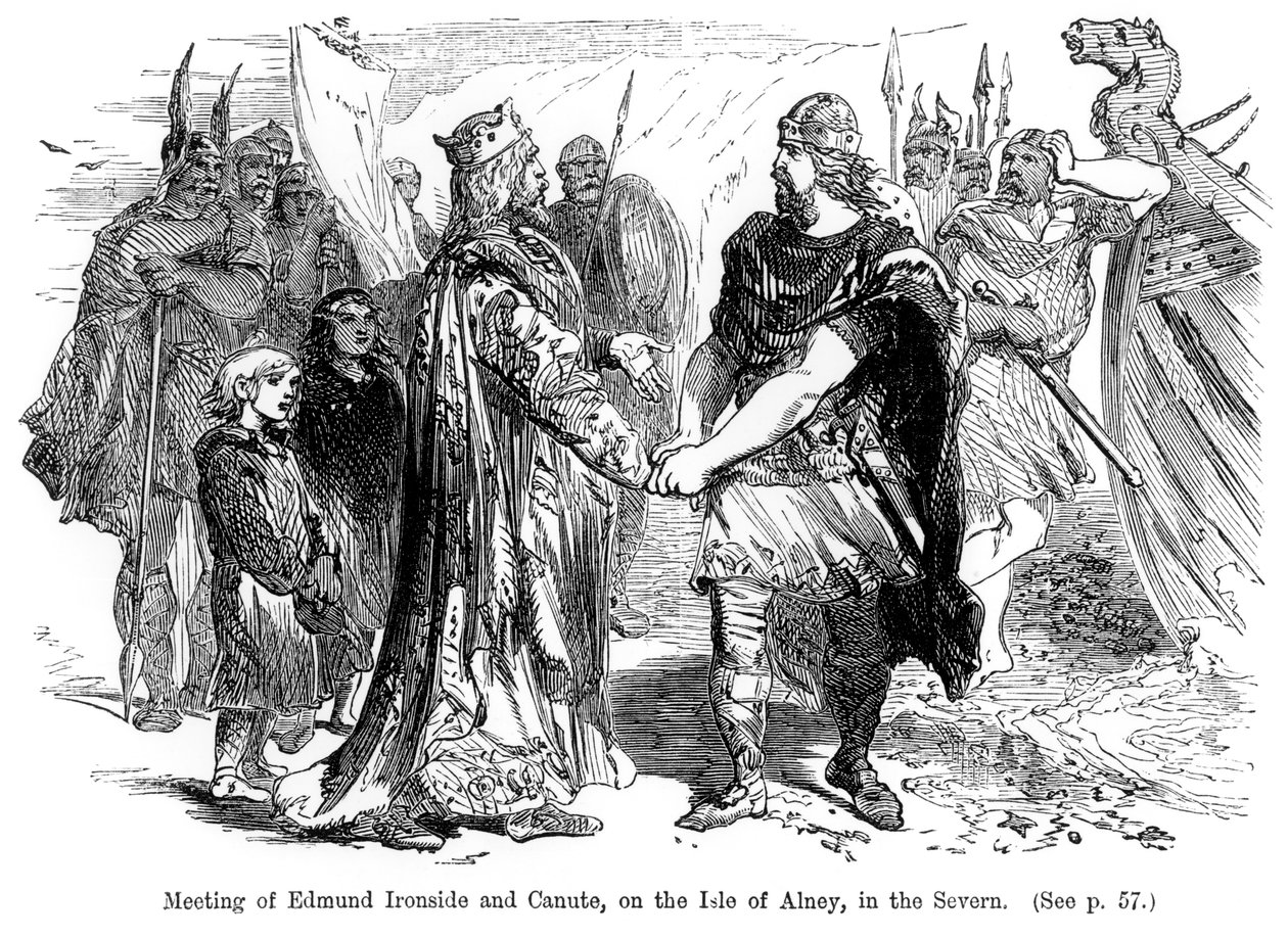 Møde mellem Edmund Ironside (981-1016) og Knud (994-1035) på Isle of Alney i Severn i 1016 af English School