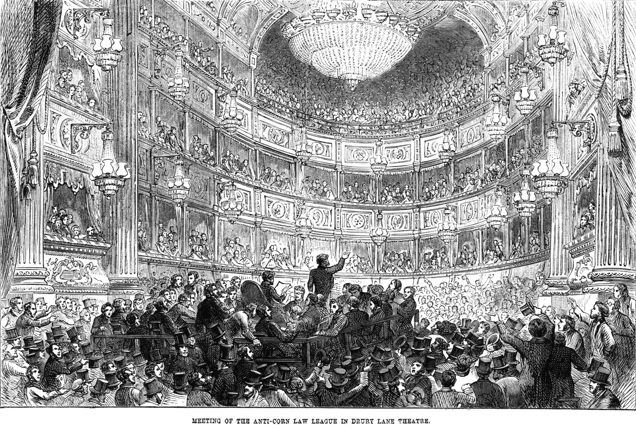 Møde i Anti-Corn Law League i Drury Lane Theatre af English School