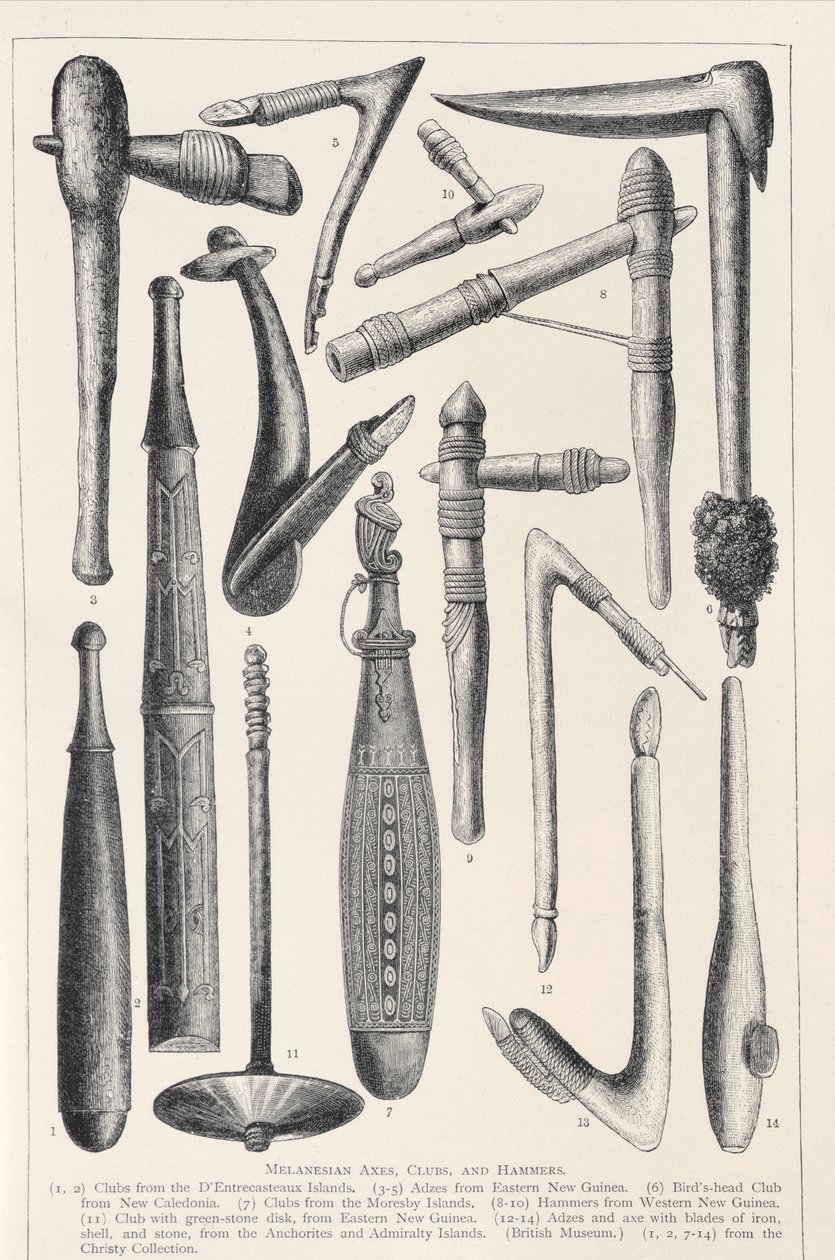 Melanesiske økser, køller og hamre, fra The History of Mankind, bind 1, af prof. Friedrich Ratzel, 1896 af English School