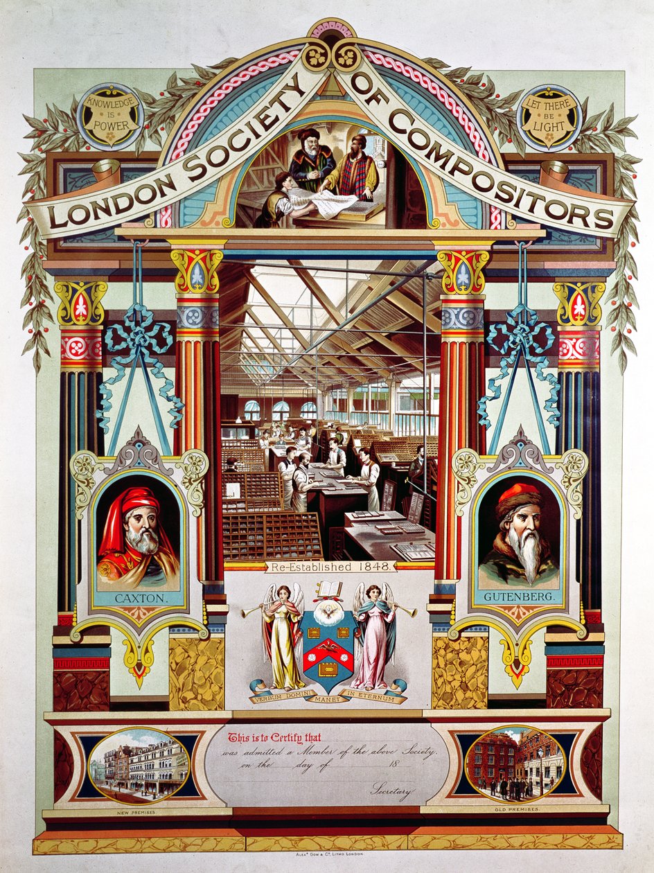 Medlemscertifikat af London Society of Compositors af English School