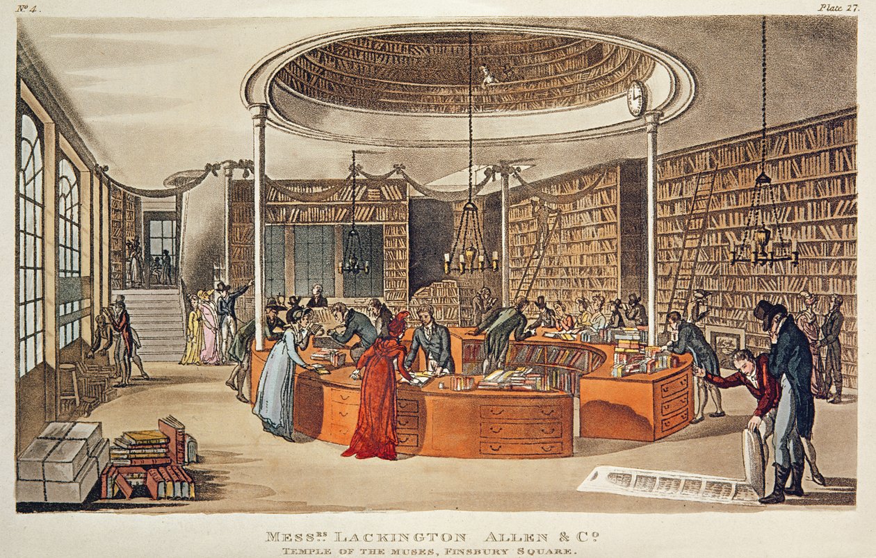 Mrs. Lackington, Allen und Co. Musernes tempel, Finsbury Square, London, 1809 (håndfarvet radering med akvatint) af English School