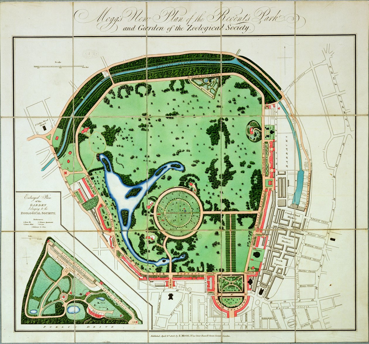 Moggs nye plan for Regents Park and Garden of the Zoological Society, pub. af Edward Mogg, 1828 af English School