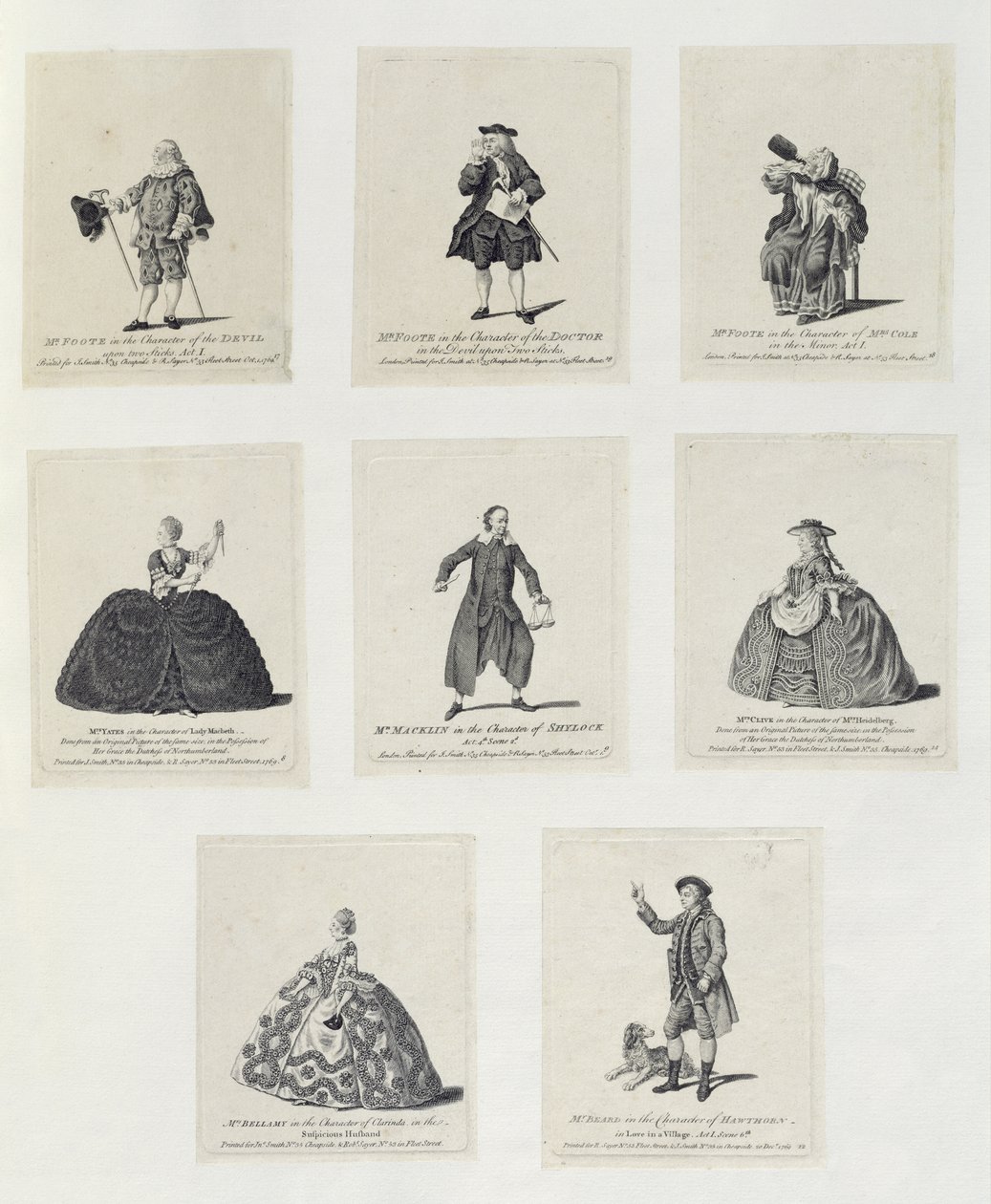Hr. Foote i Djævelens karakter i The Devil Upon Two Sticks (Act I); Mr Foote i karakteren af lægen i The Devil Upon Two Sticks; Mr Foote i rollen som Mrs Cole i The Minor (A af English School