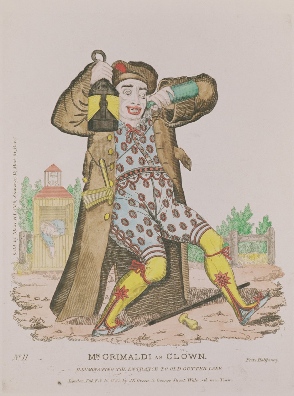 Mr. Grimaldi som klovn, der oplyser indgangen til Old Gutter Lane, pub. 1833 af English School
