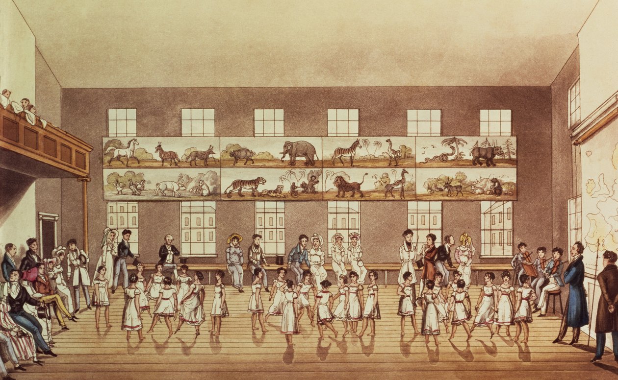 Mr Owens Institution, New Lanark (Quadrille Dancing), indgraveret af George Hunt, pub. 1825 af English School