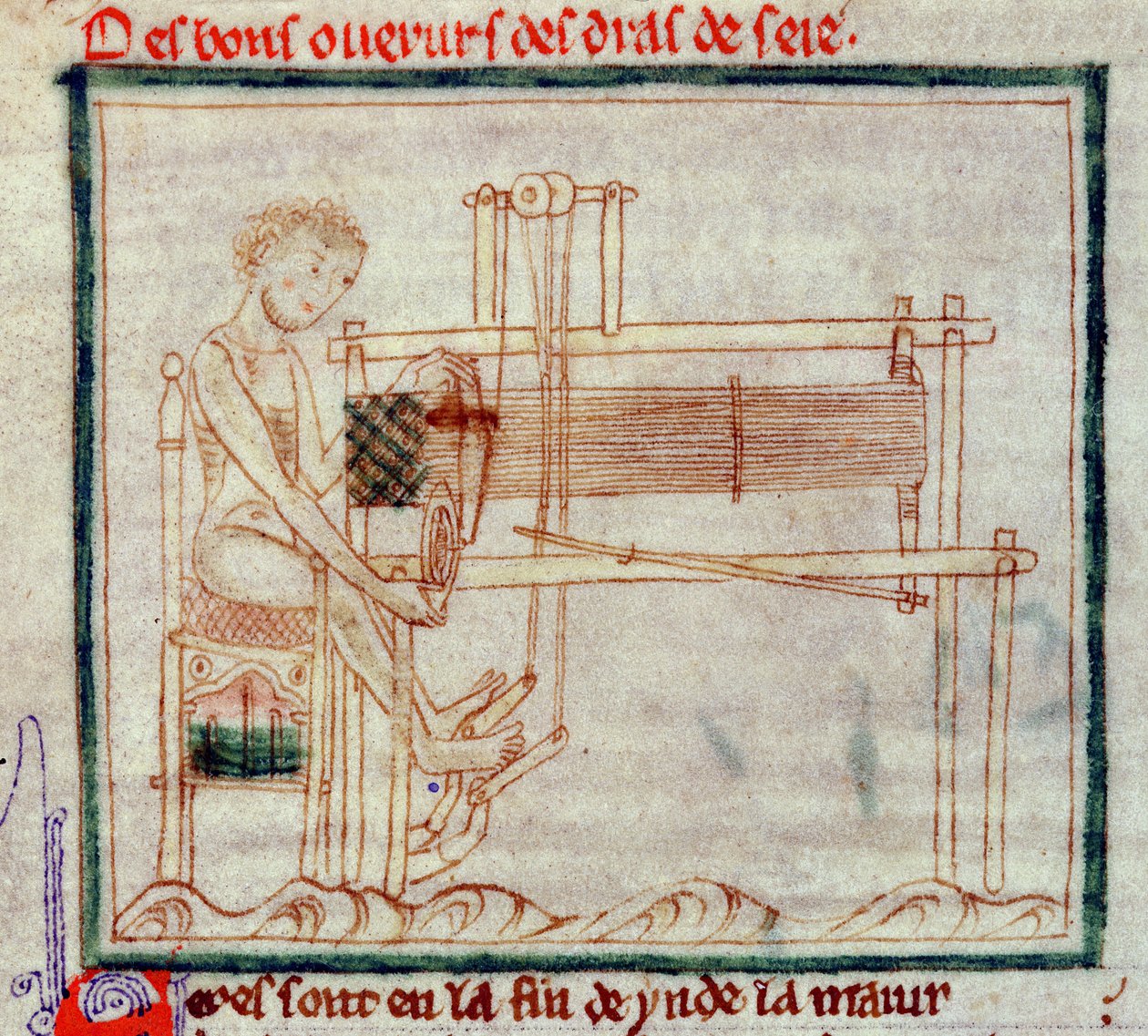 Ms 0.9.34 fol.32v Treadle Loom, fra Romance of Alexander, 1250 af English School
