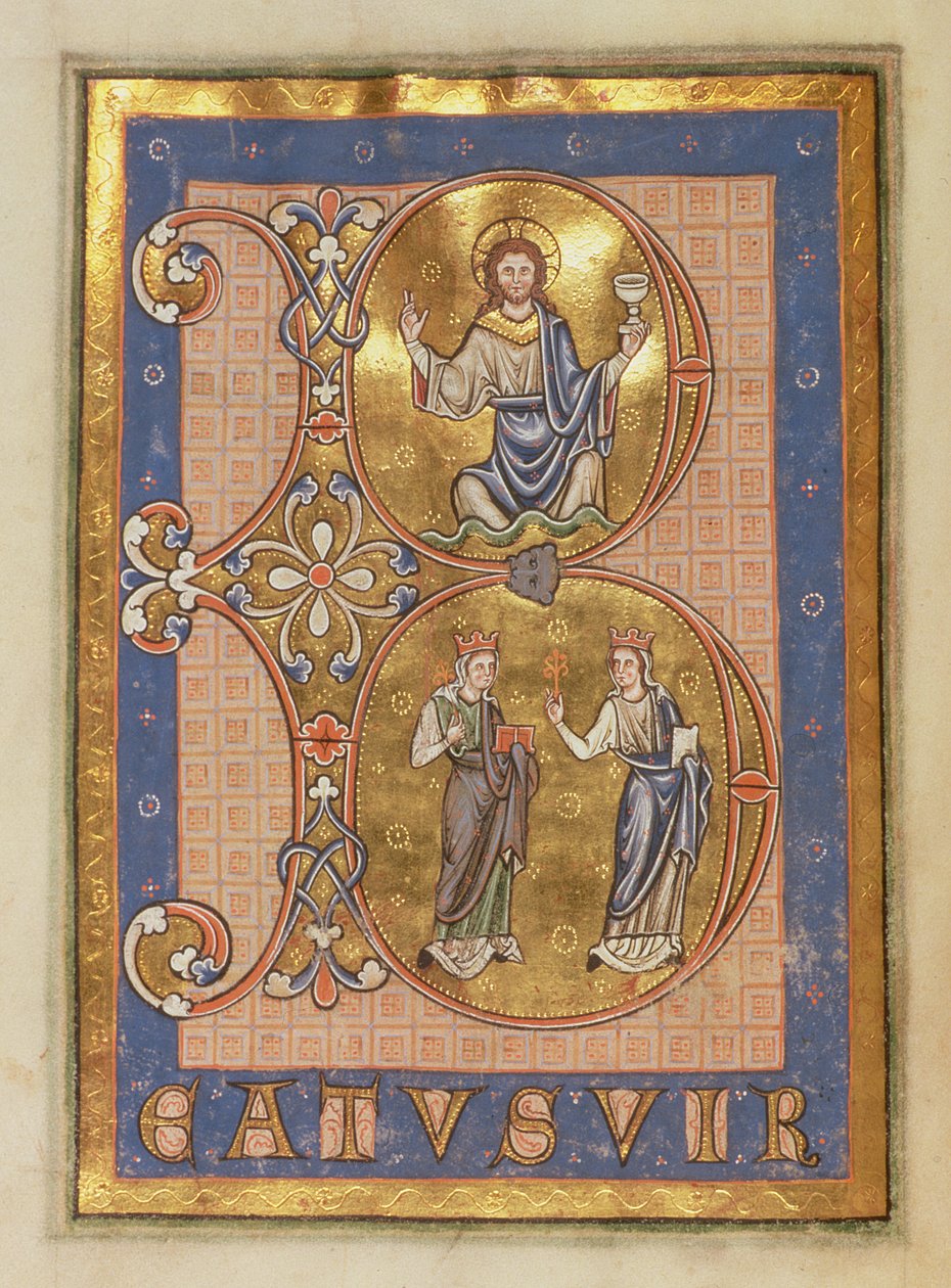 Ms 12 f.12v Initial B viser, øverst: Kristus siddende, nederst: to kvinder, der repræsenterer Barmhjertighed og Sandhed, fra Peterborough Psalter, ca. 1260 af English School