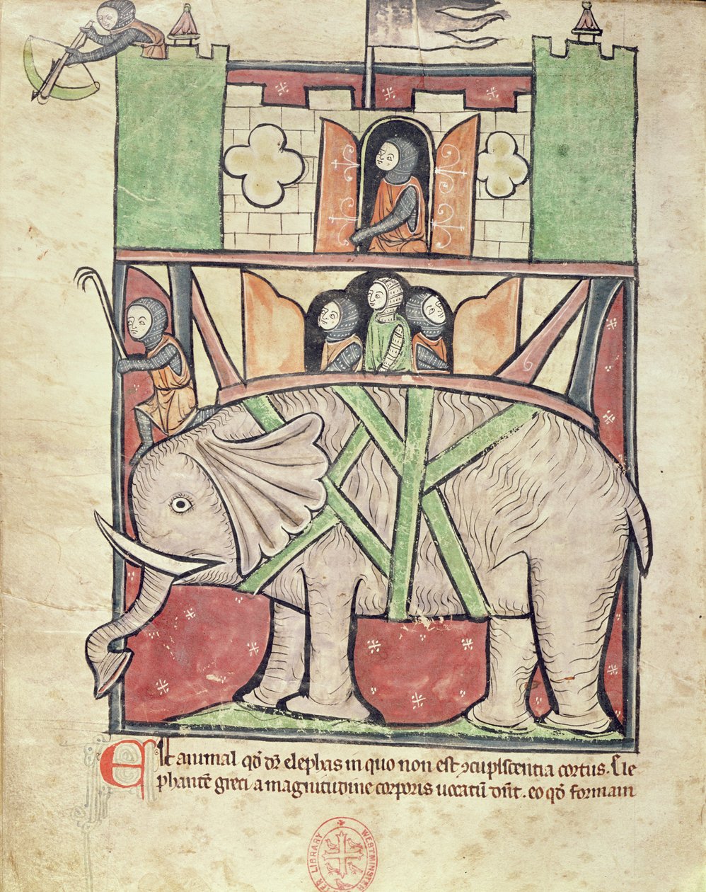 Ms 22 f.26v Elefant med en howdah fuld af soldater fra Westminster Abbey Bestiary, ca. 1270-90 af English School