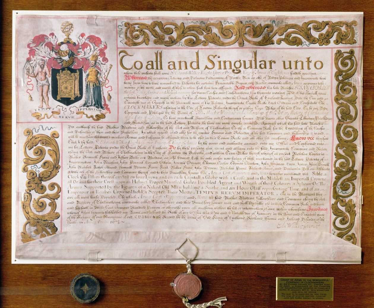 Ms 3970 Grant of Arms to the Clockmakers Company, af Edward Walker, Garter King at Arms, 1671-72 af English School