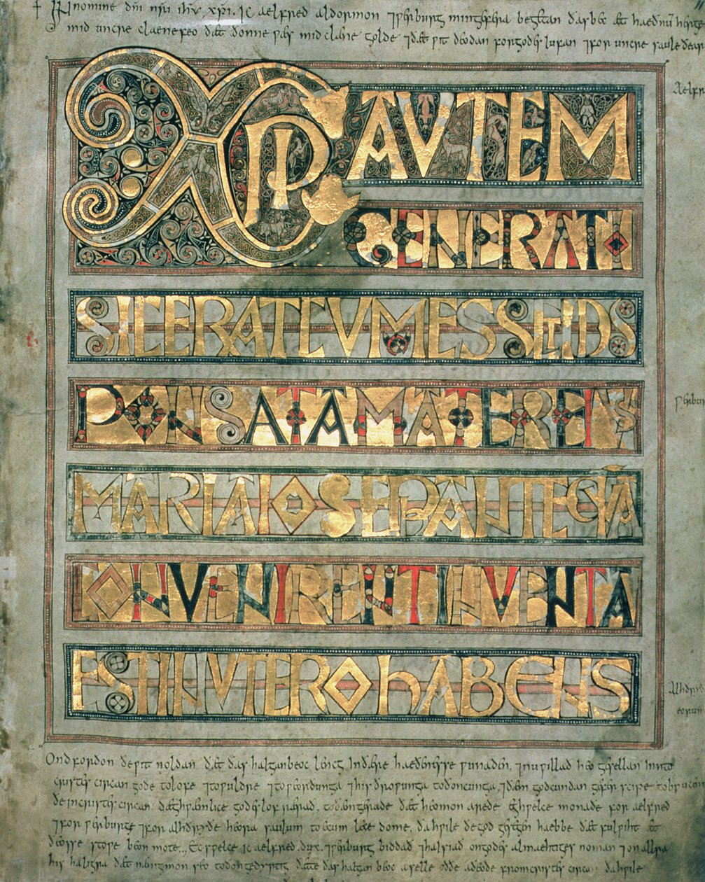 Ms A 135 f.11r Oplyst tekst, indledende side `Xpi til St. Matthew, fra Stockholm Codex Aureus, ca. 750 af English School