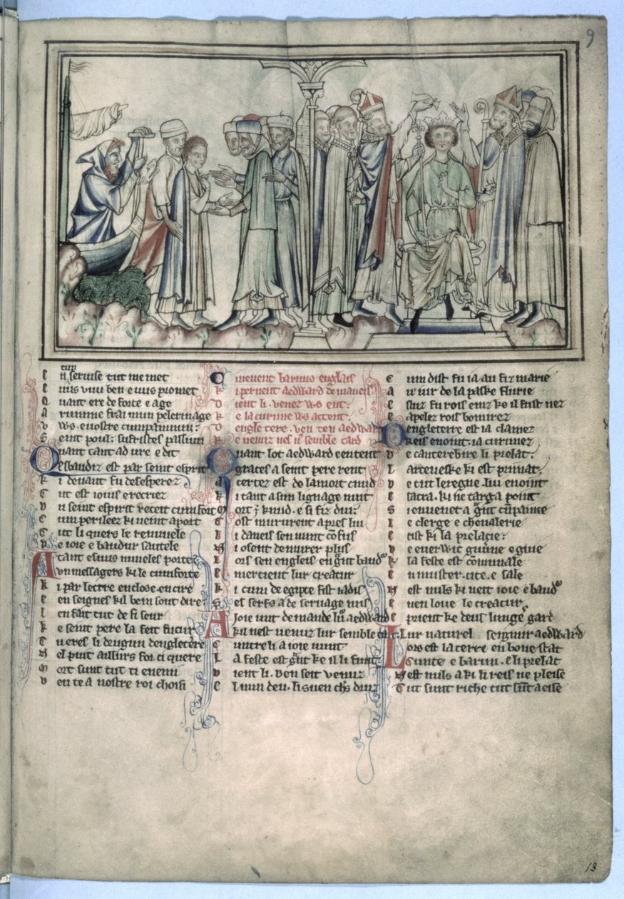 Ms Ee 3.59 Edvard Bekenderens Salvelse og Kroning i 1043, fra St. Edvard Bekenderens Liv, ca. 1250-60 af English School