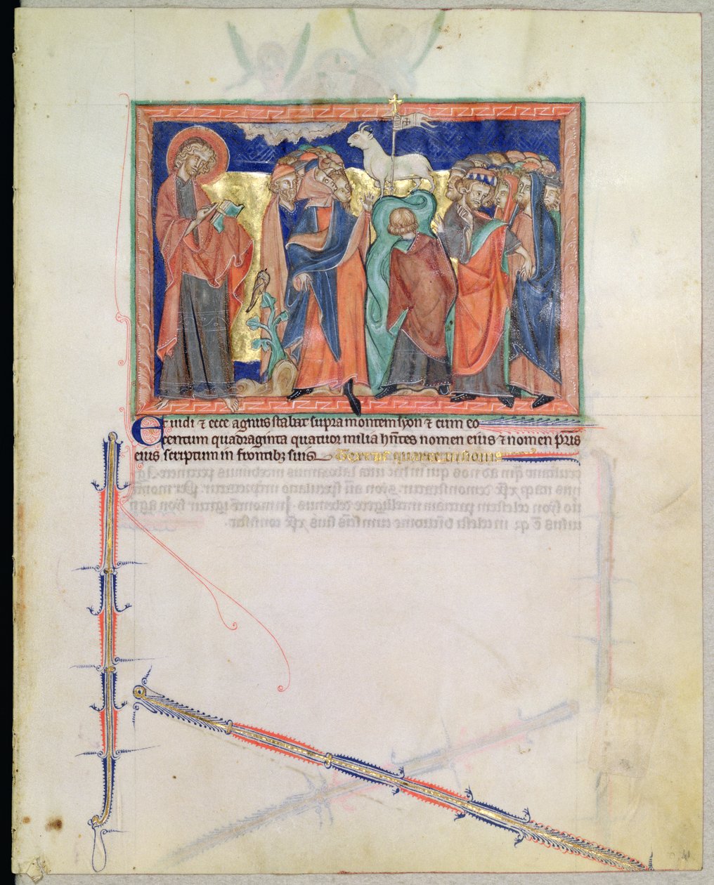 Ms L.A. 139-Lisboa fol.41 St. John the Evangelist ser et hundrede og fireogfyrre tusinde tilbede Lammet på Zions bjerg, fra Gulbenkian Apocalypse, ca. 1265-70 af English School