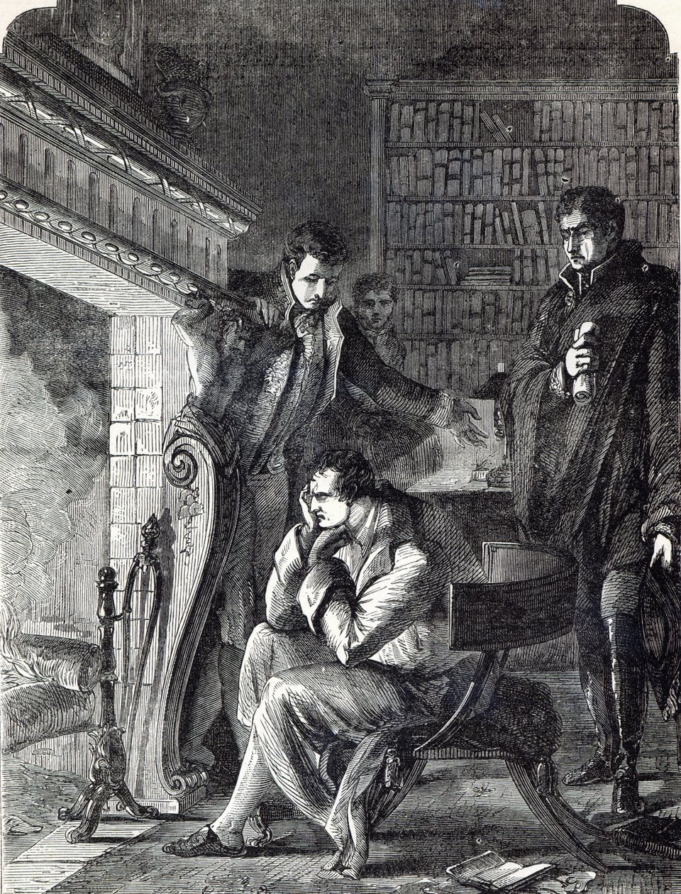 Napoleon ruger ved ilden natten før sin abdikation og afgang fra Fontainebleau den 20. april 1814 af English School