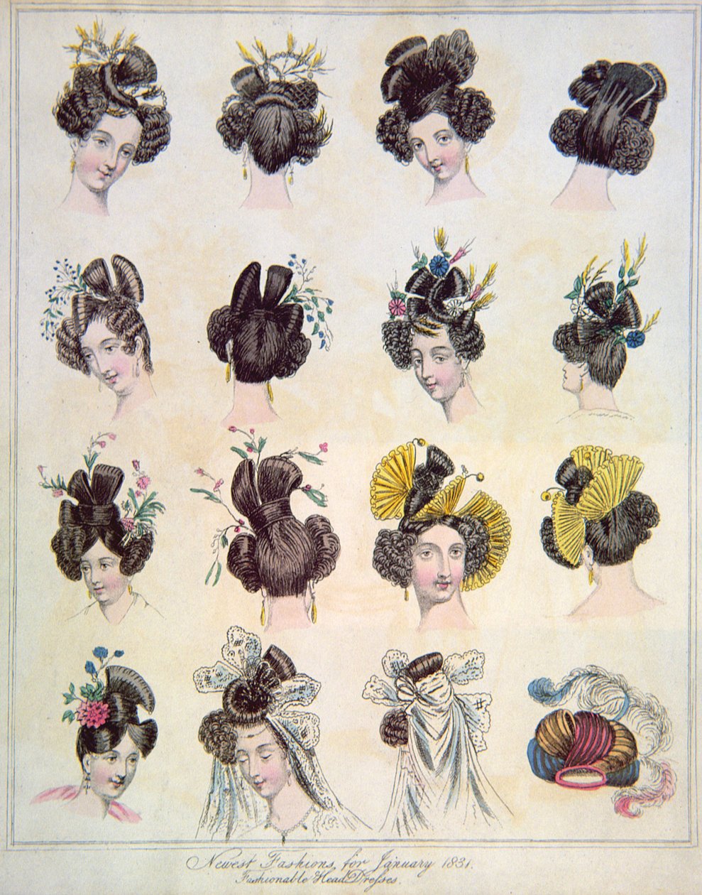 Nyeste mode for januar 1831, moderigtige hovedbeklædninger fra bind VIII af The World of Fashion og Continental Fenilletons, pub. 1831 af English School