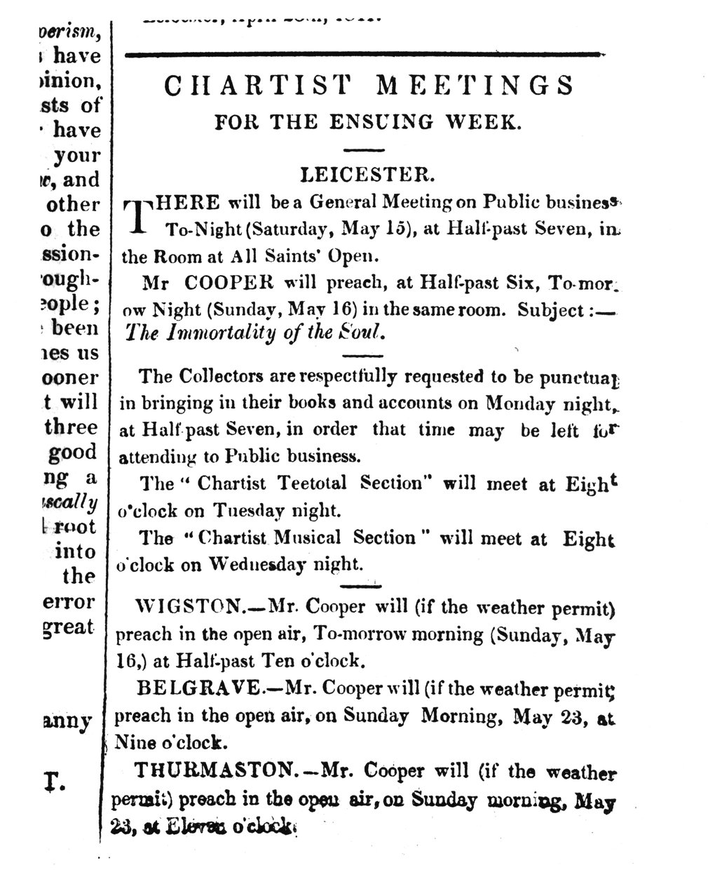 Meddelelser om chartistmøder i "Midland Counties Illuminator", 15. maj 1841 af English School