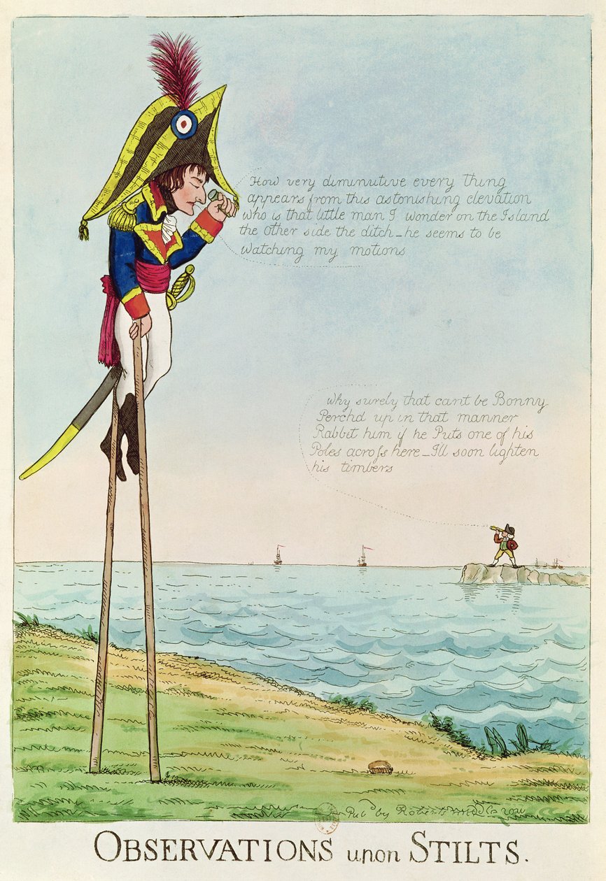 Observations Upon Stilts, karikatur af Napoleon, der står på pæle og observerer Pitt og England over kanalen af English School