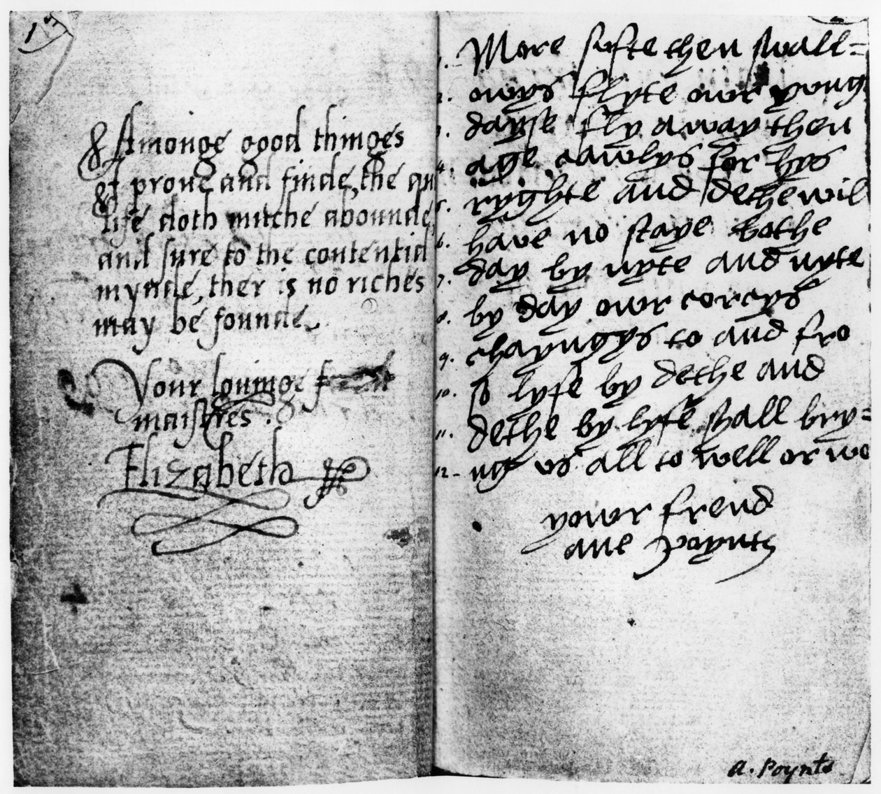 Side med manuskript, der viser underskrift af dronning Elizabeth I (1533-1603) (blæk på papir) af English School