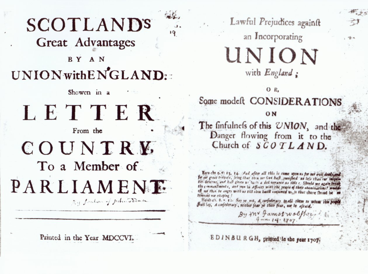 Pjecer, der viser begge sider af den anglo-skotske fagforeningsdebat, 1707 af English School