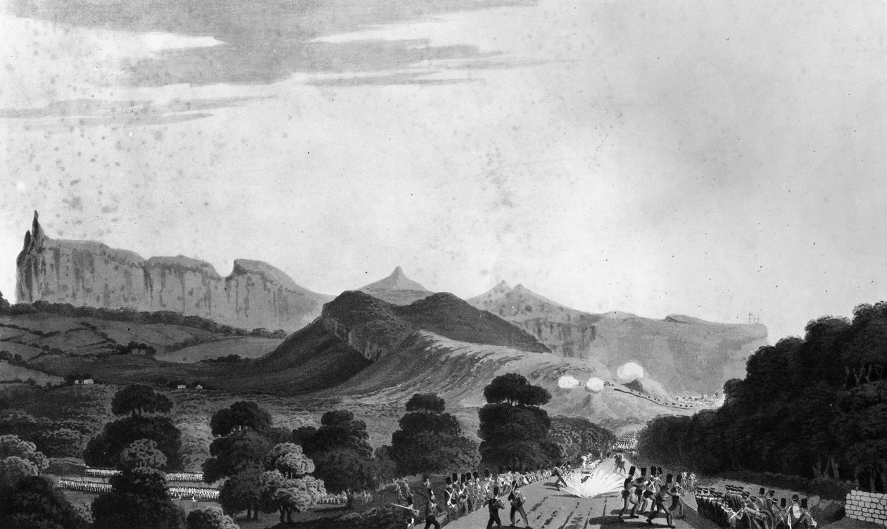 En del af den britiske hær dannet før Port Louis, indgraveret af I. Clark, 1813 (akvatint) af English School