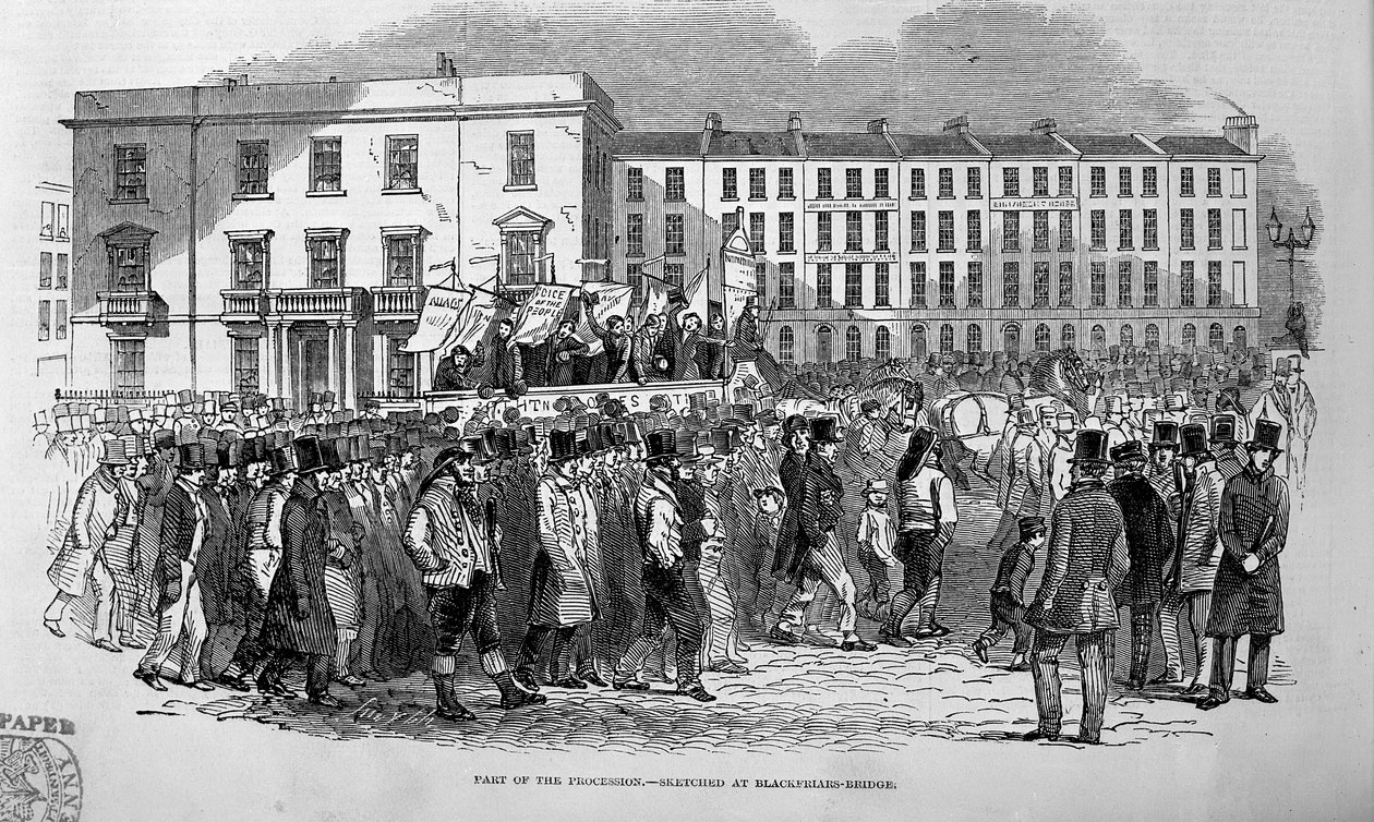 En del af det chartistiske optog skitseret ved Blackfriars Bridge, 10. april 1848 af English School