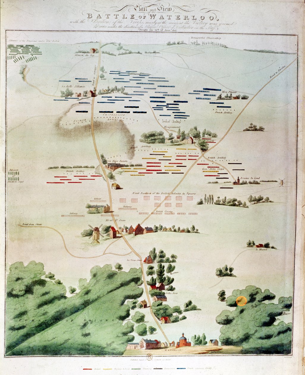 Plan og udsigt over slaget ved Waterloo med englændernes position i rødt, belgierne i gult, preusserne i grønt og franskmændene i blåt af English School