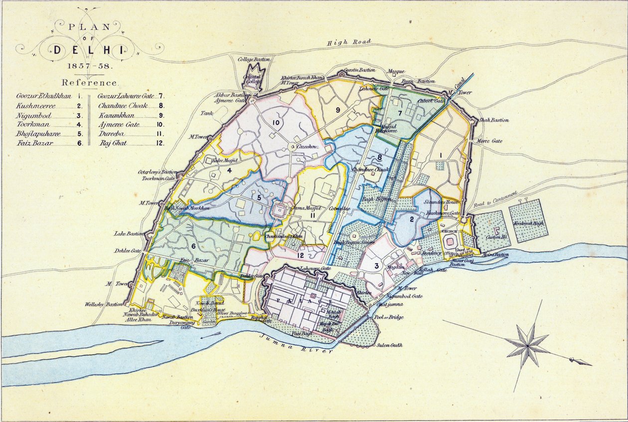 Plan over Delhi 1857-58, indgraveret af Guyot und Wood, pub. af William Mackenzie, Edinburgh, ca. 1860 af English School