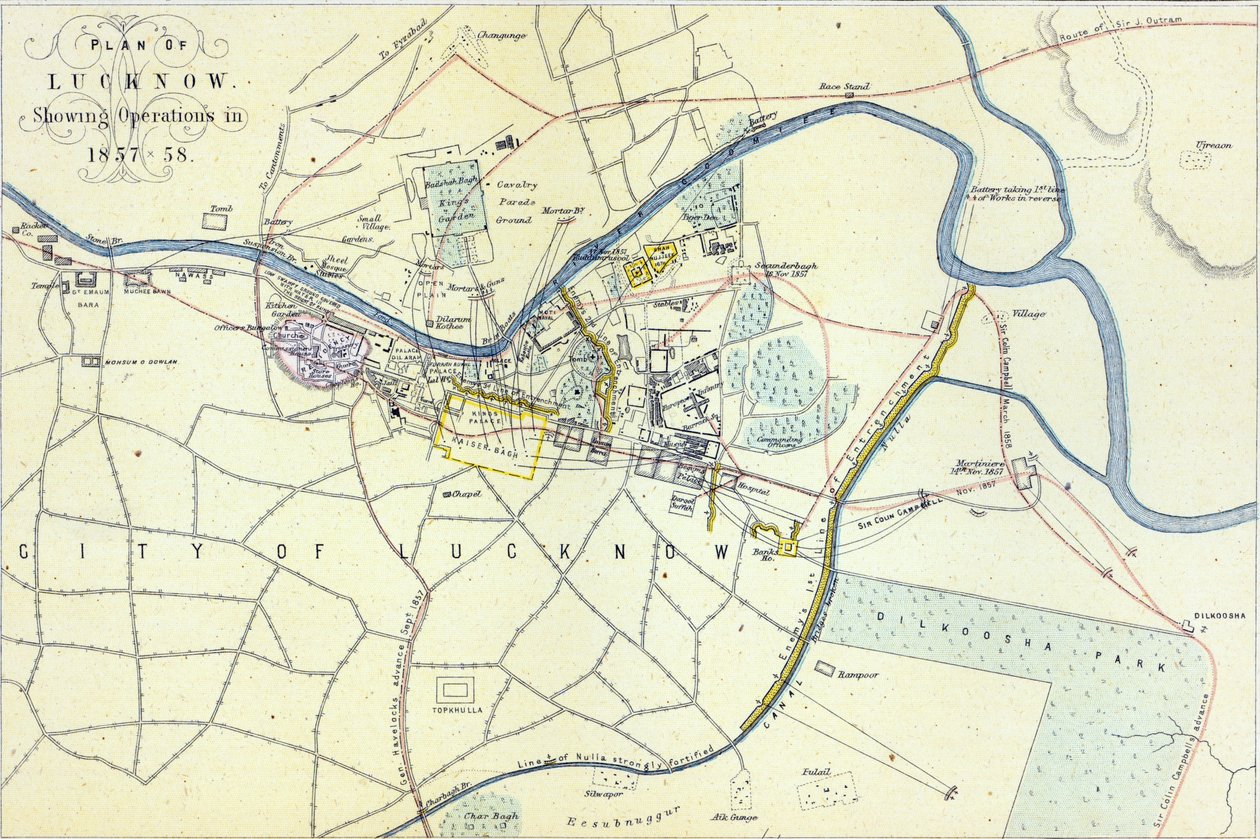 Plan of Lucknow, der viser Operations i 1857-58, pub. af William Mackenzie, ca. 1860 af English School