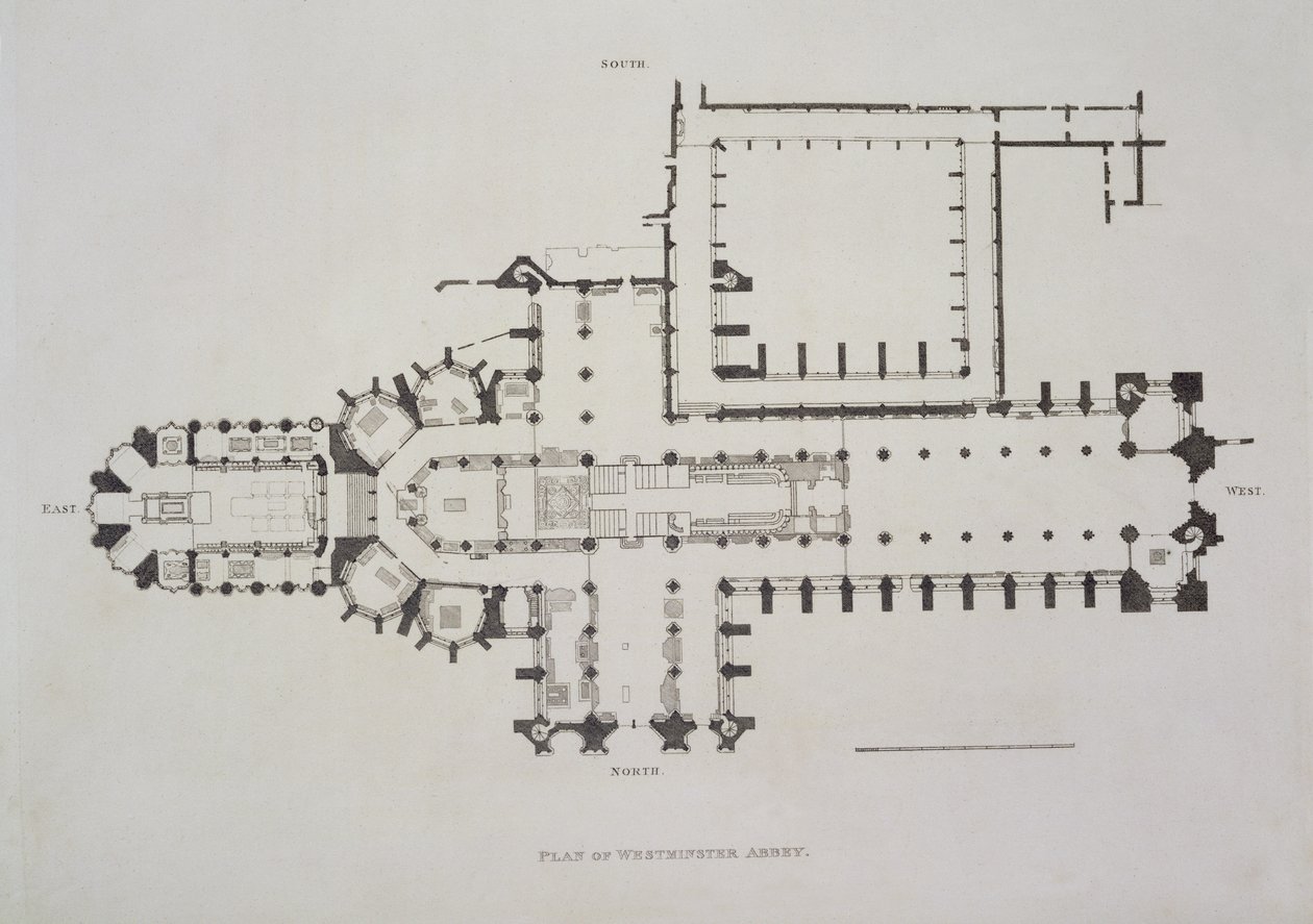Plan over Westminster Abbey, plade 1 fra Westminster Abbey, pub. af Rudolph Ackermann (1764-1834) 1812 (akvatint) af English School