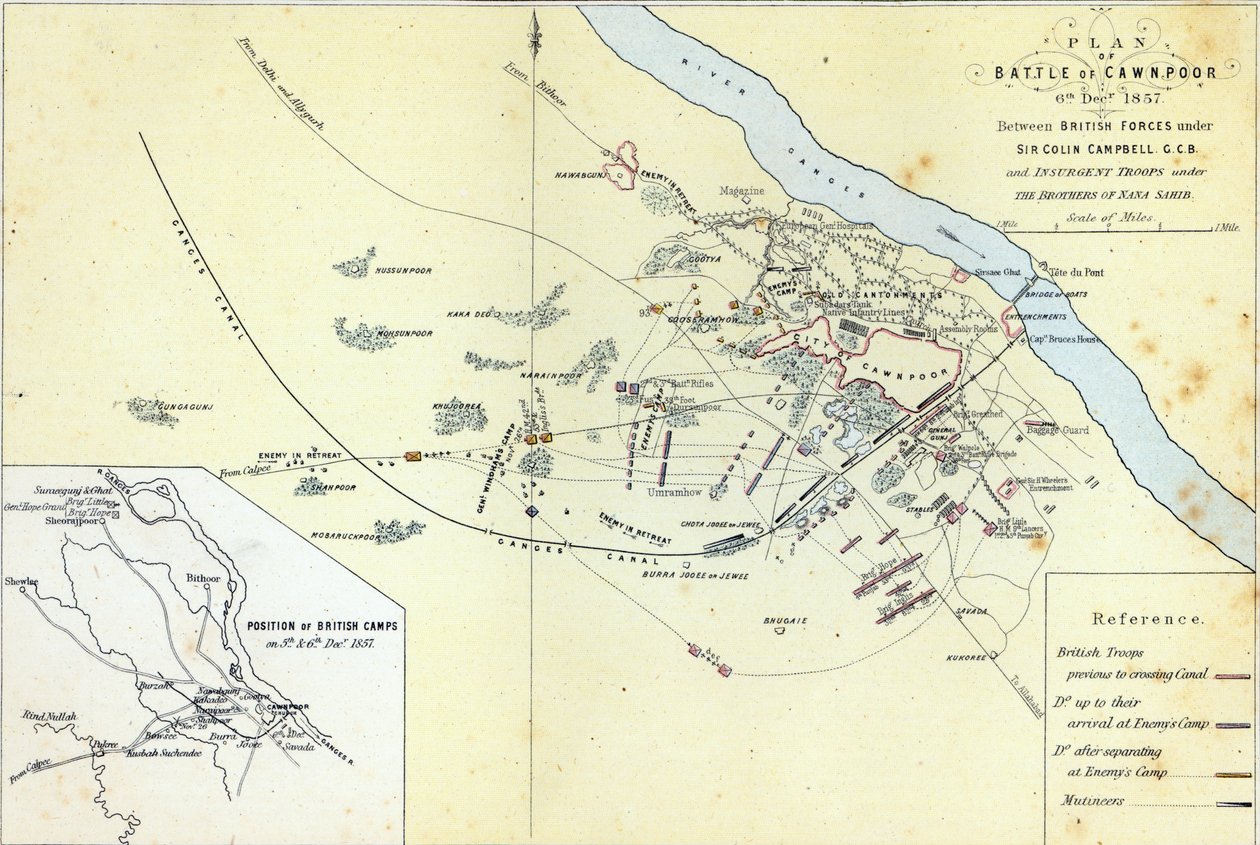 Plan over slaget ved Cawnpoor, 6. december 1857, indgraveret af Guyot und Wood, pub. af William Mackenzie, ca. 1860 af English School