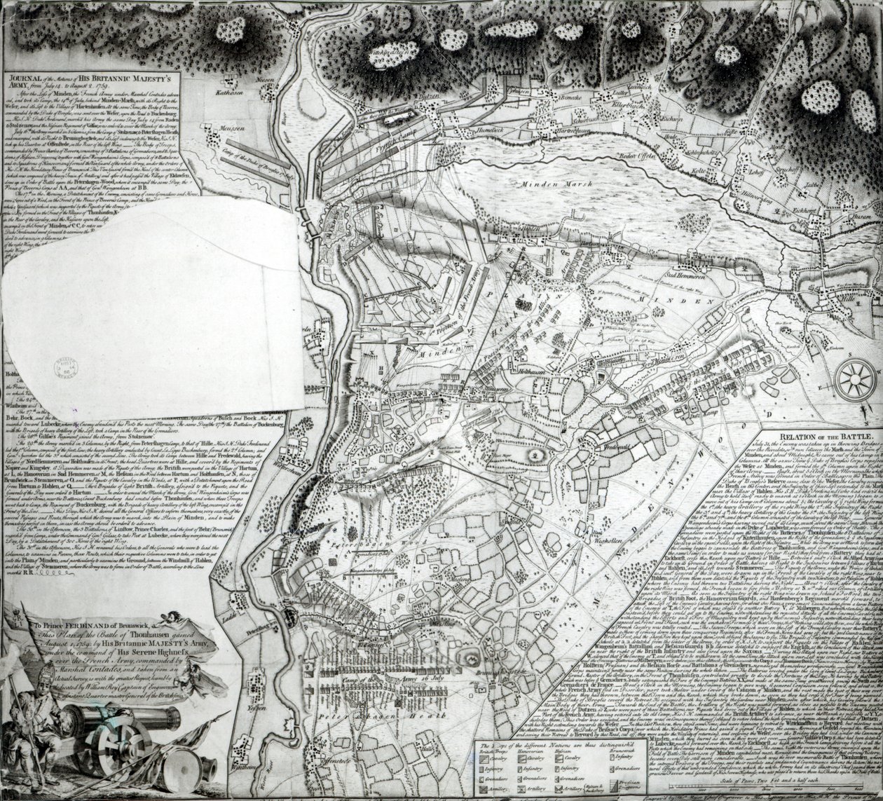 Plan over slaget ved Minden, tegnet af kaptajn William Roy og indgraveret af Thomas Major, 1760 af English School