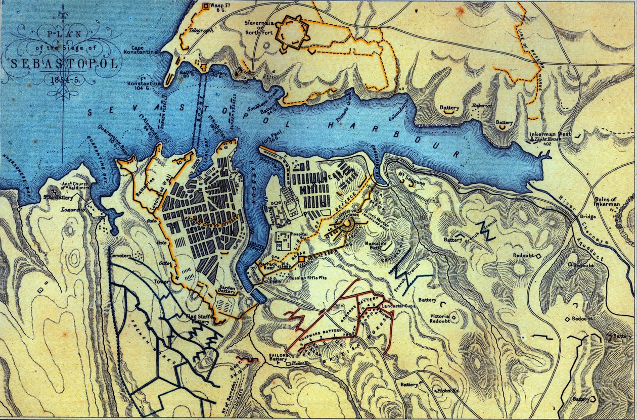 Plan over belejringen af Sebastopol 1854-55, indgraveret af Robert Walker, pub. William Mackenzie, ca. 1860 af English School