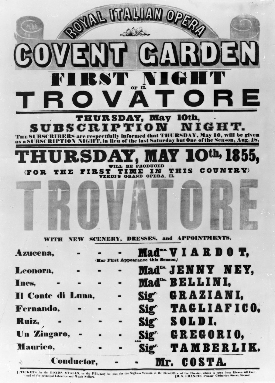 Playbill for Royal Italian Opera i Covent Garden, 1855 (trykt papir) af English School