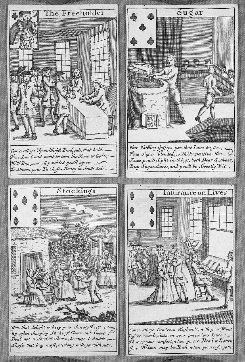 Spillekort, der skildrer aktuelle kommercielle foretagender, ca. 1720 (tryk) af English School