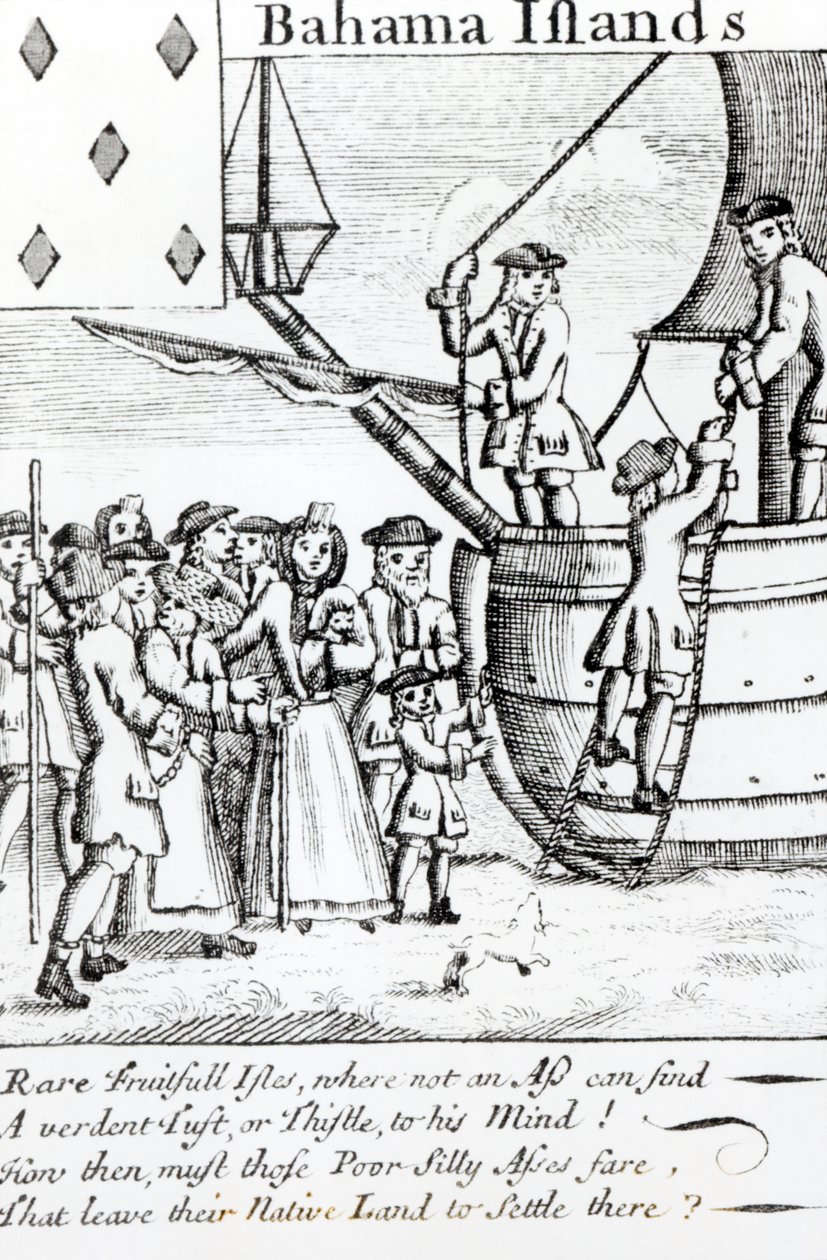 Spillekort, der forestiller immigranter, der ankommer til Bahama-øerne af English School