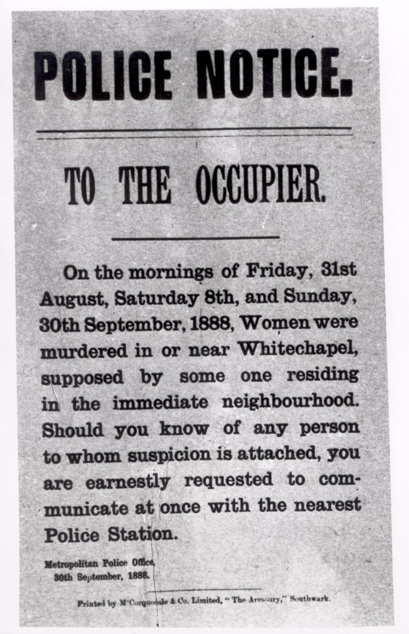 Politiets meddelelse til beboeren om mord i Whitechapel, 30. september 1888 (print) af English School