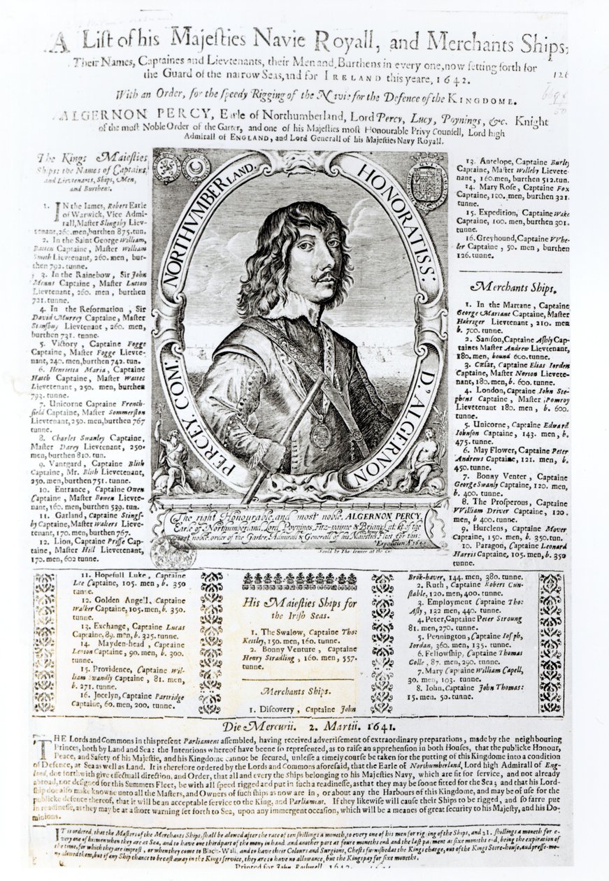 Portræt af Algernon Percy, tiende jarl af Northumberland (1602-68) ledsaget af en liste over hans Majestæts Royal Navy, 1642 af English School